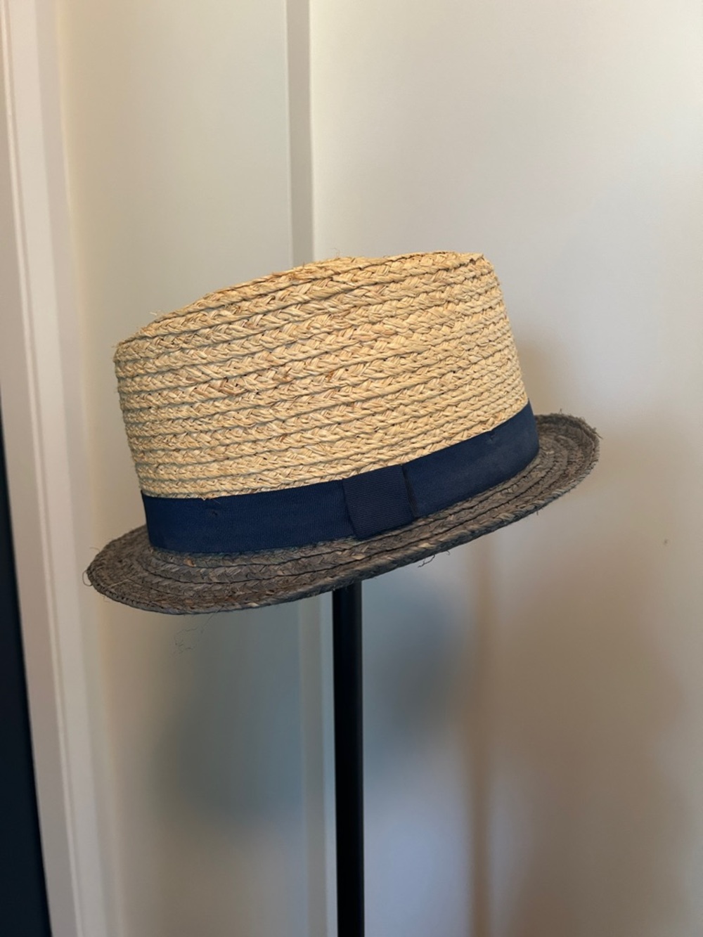 Topman Straw Boater Hat with Navy Band and Dark Brim